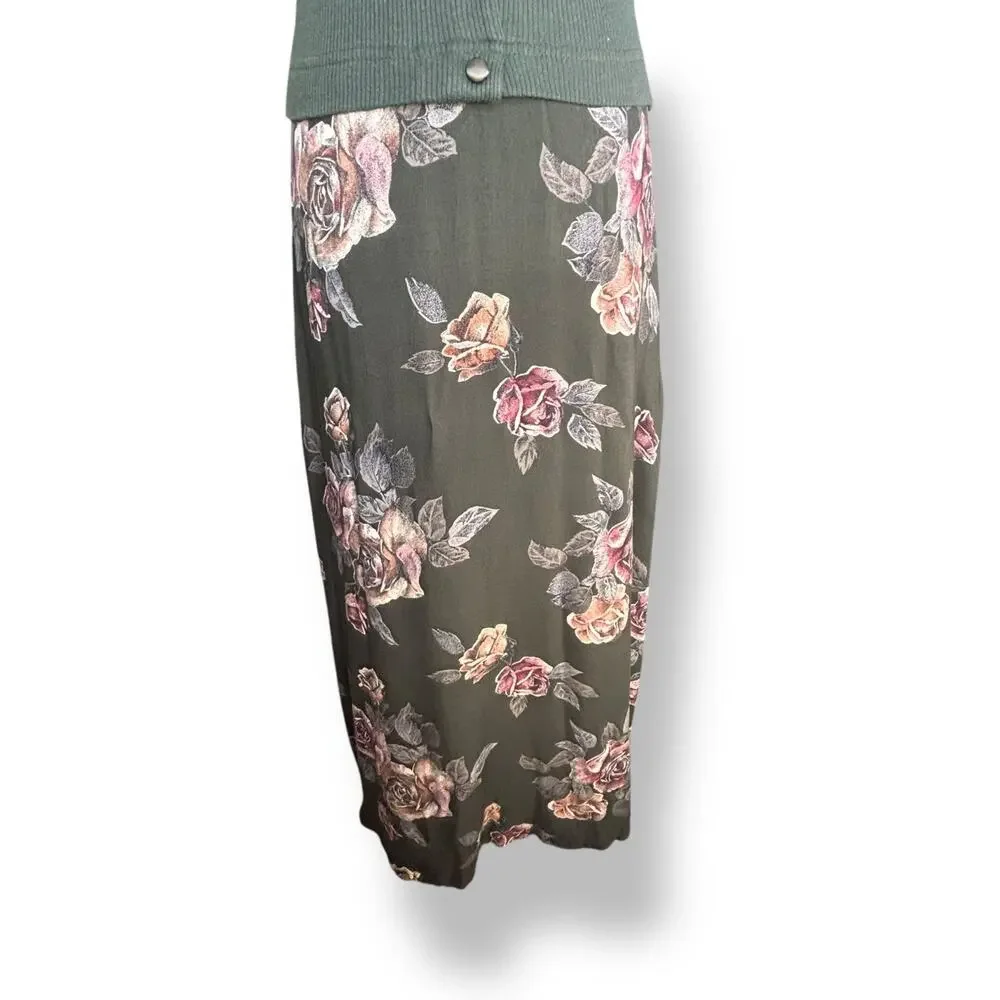 Vintage 90s Faux Two Piece Forrest Green Baby Pink Knit Top Dark Floral Maxi - Picture 6 of 7